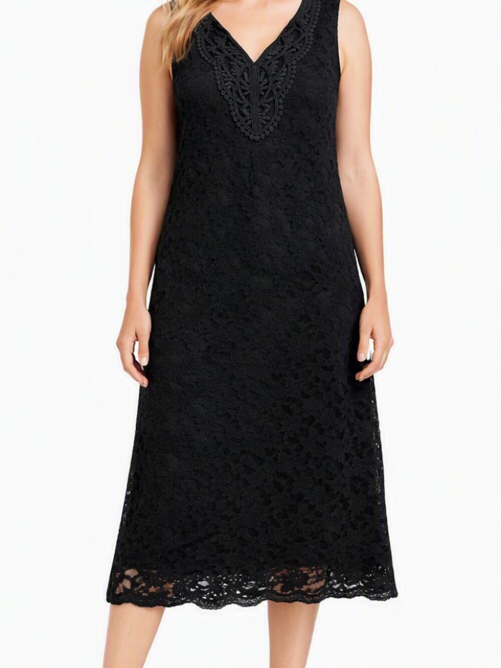 Forever Woman Black Lace Sleeveless Midi Dress 1X Embroidered V‑Neck Elegant